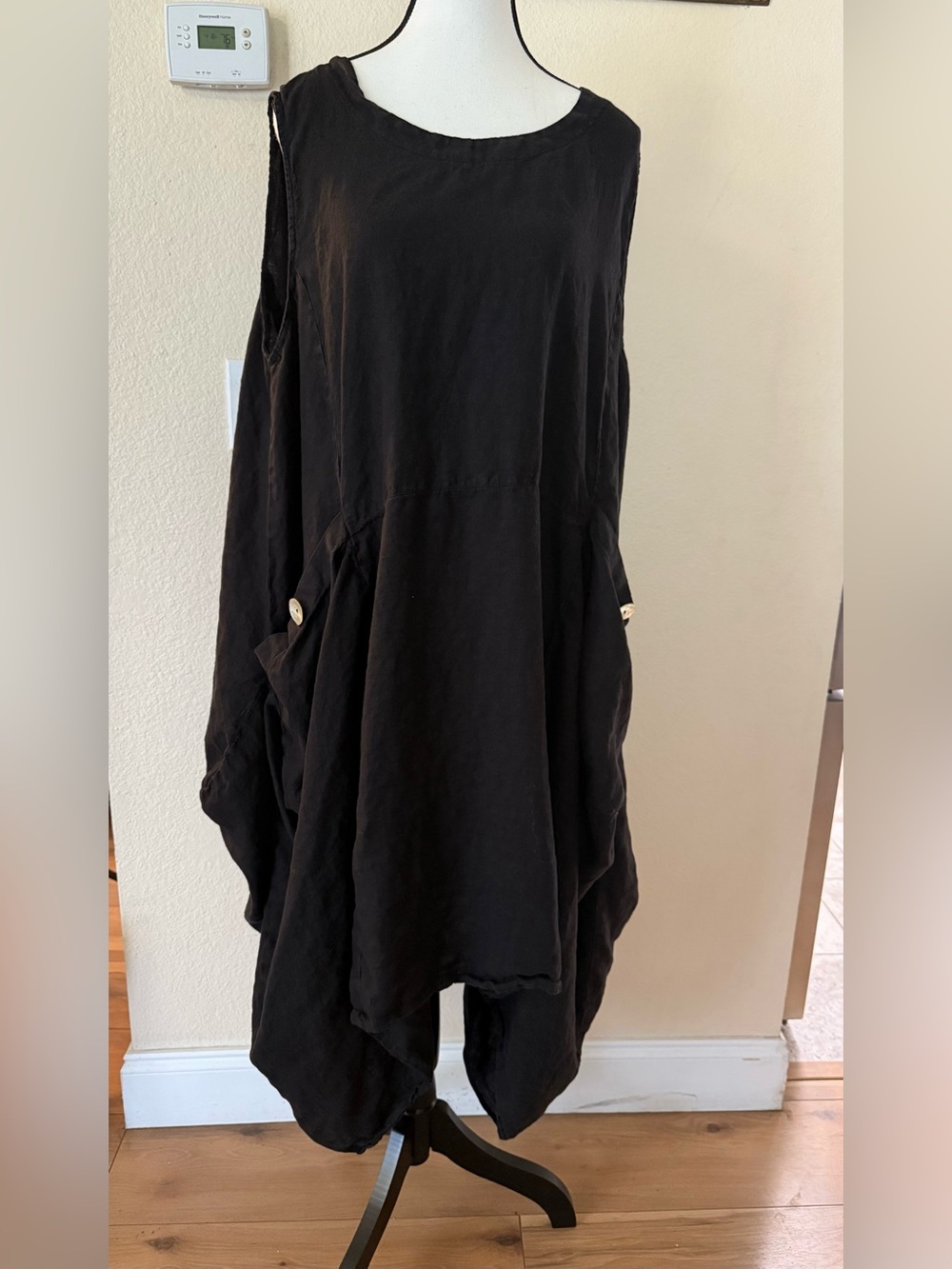 VTG Match Point Linen Lagenlook BOHO Asymmetrical Black Sleeveless Maxi Dress L